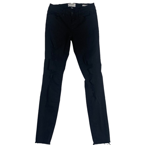 Frame Le Skinny De Jeanne Black Ripped Distressed Mid-Rise Jeans - Picture 2 of 16